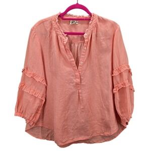 Ivy Jane Top Shirt Linen Blouse Small Pink Salmon Balloon Sleeve Boho